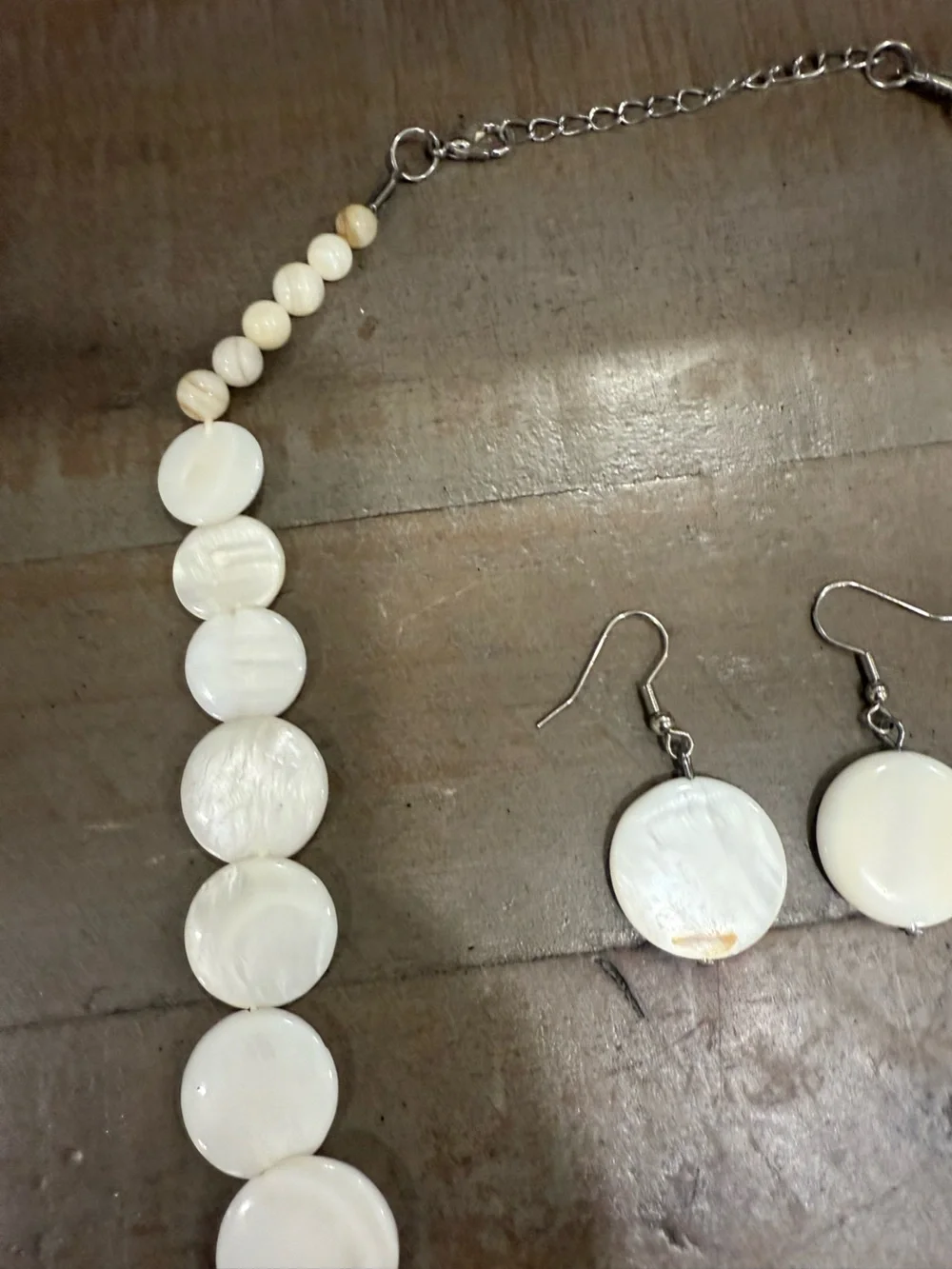 White Shell Disc Statement Necklace & Matching Earrings Set